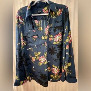 Ann Taylor Navy Floral Popover Blouse